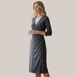 TALBOTS Black Faux Wrap Dress 3/4 Sleeve Sheath Stretch Career Cocktail Med EUC